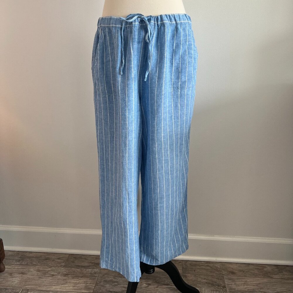 Land & Sea Wide Leg Blue and White Striped Pants Linen Blend Size XL